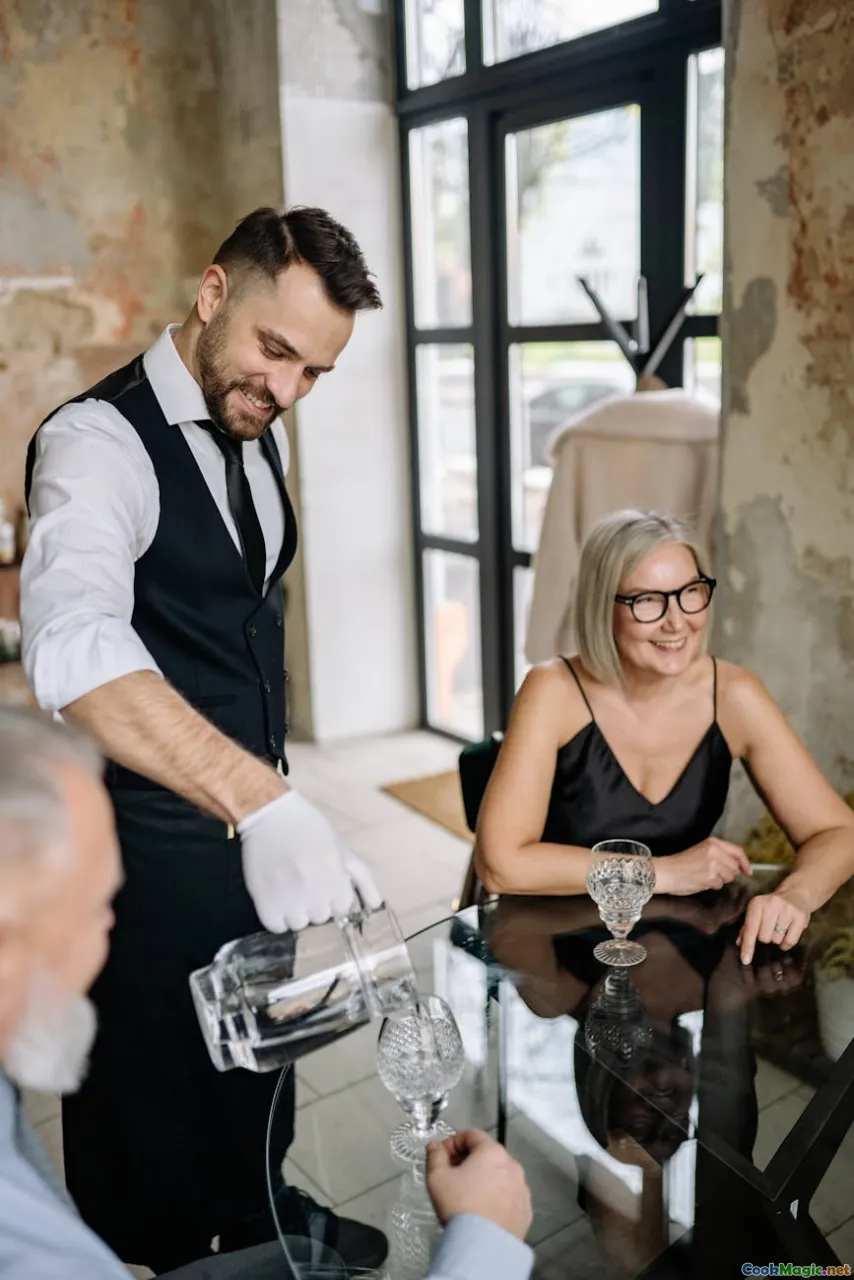 fine dining table setting, service interaction, black-tie event, restaurant waiter])