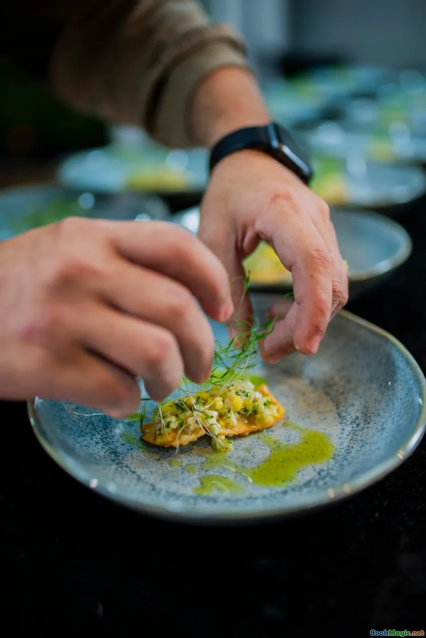 garnish, finishing oil, spices, precision
