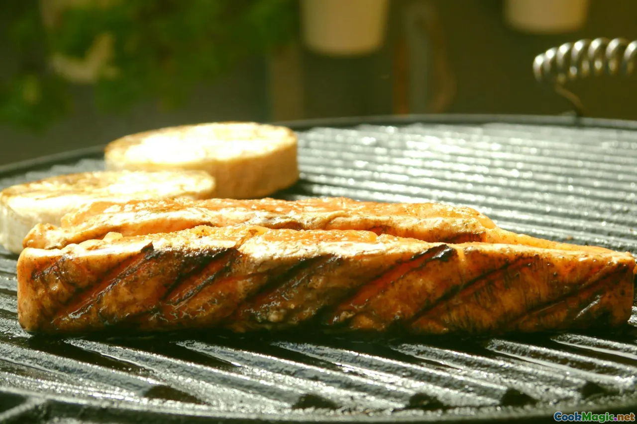grilled fish, smoked salmon, lake view, summer picnic