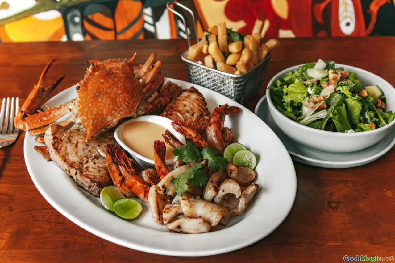 grilled halloumi, tahini salad, fried calamari, kolokithakia