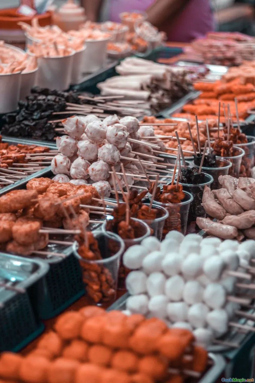 grilled meats, seafood, street food skewers