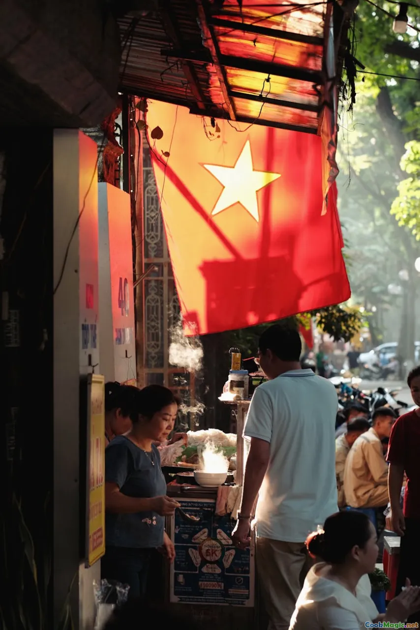 Hanoi street food vendor, bustling market, authentic egg coffee