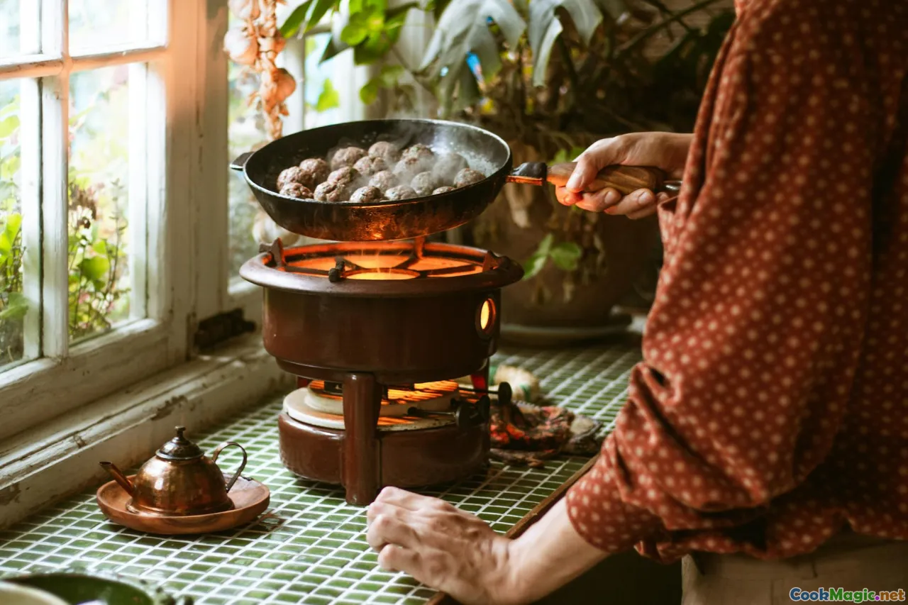 home kitchen, map, spice jars, frying pan