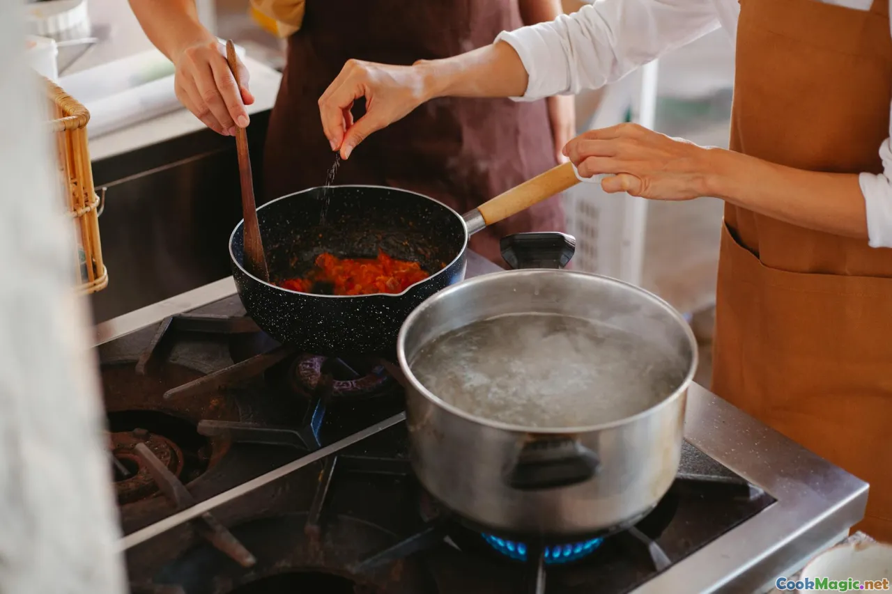 home kitchen, simmering pot, wooden spoon, steam