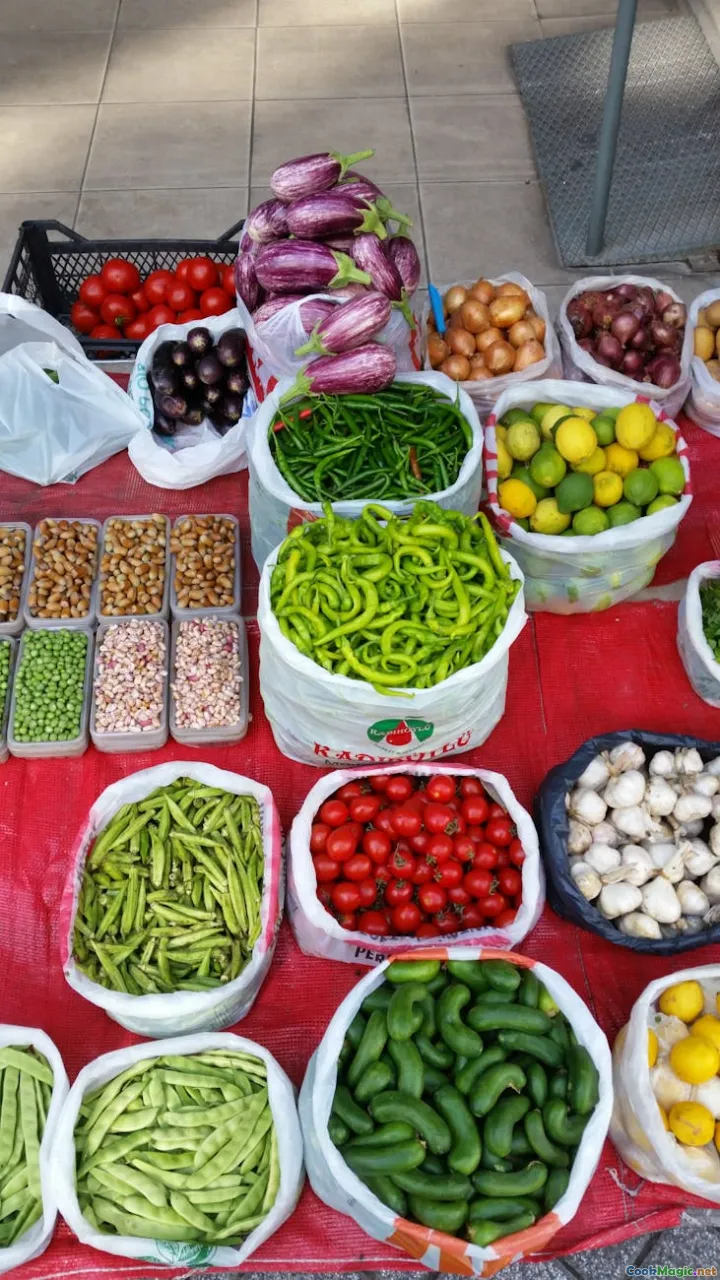 market peppers, eggplant, garlic, ingredients