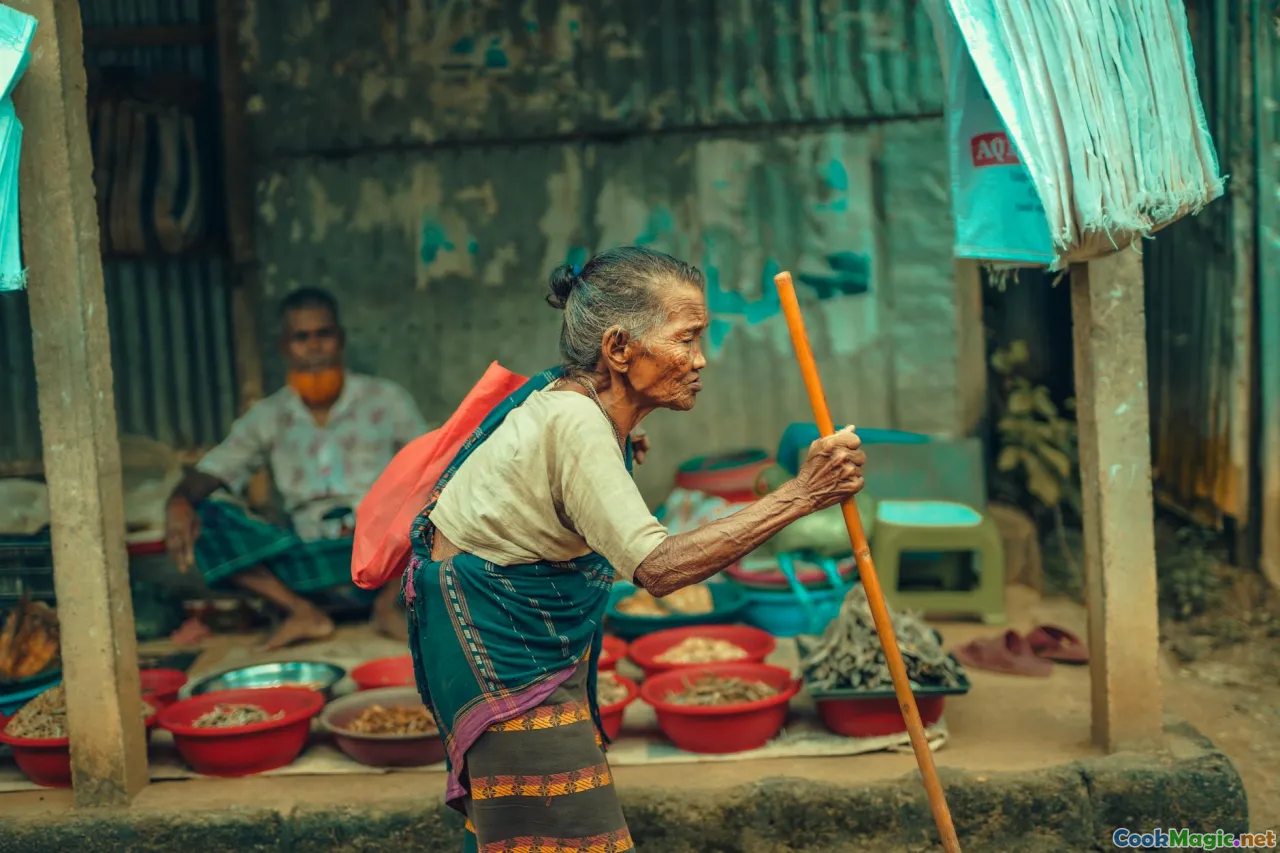 market scene, produce stalls, baskets, bay
