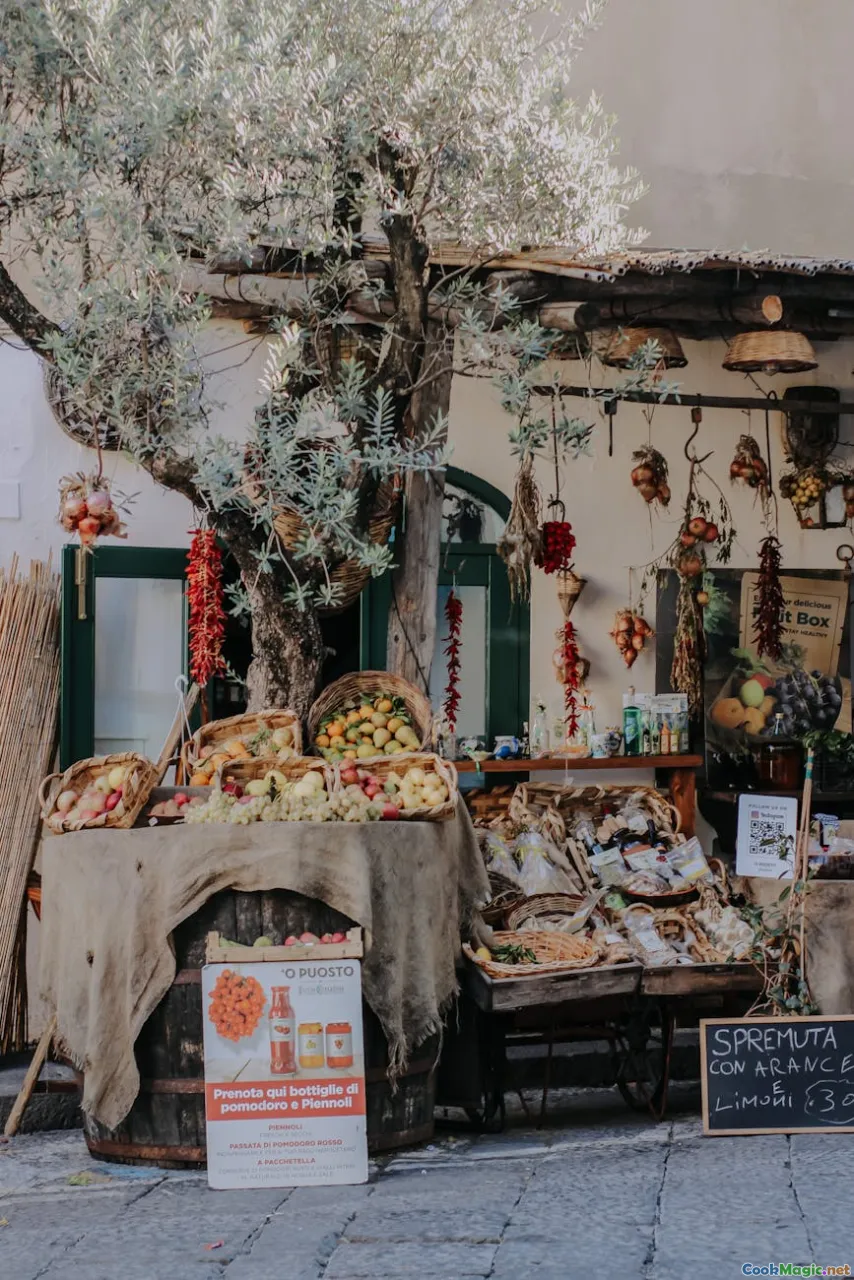 Mediterranean market, vibrant vegetables, grains aisle, colorful market stalls
