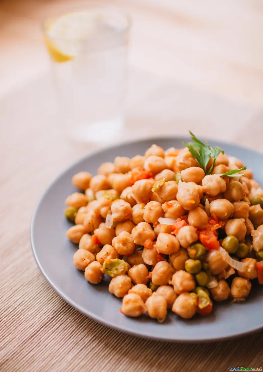 mediterranean salad, chickpeas, fresh vegetables