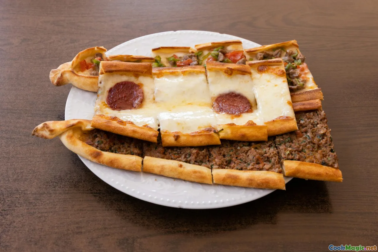 minced lamb, cheese pide, sucuk, toppings prep