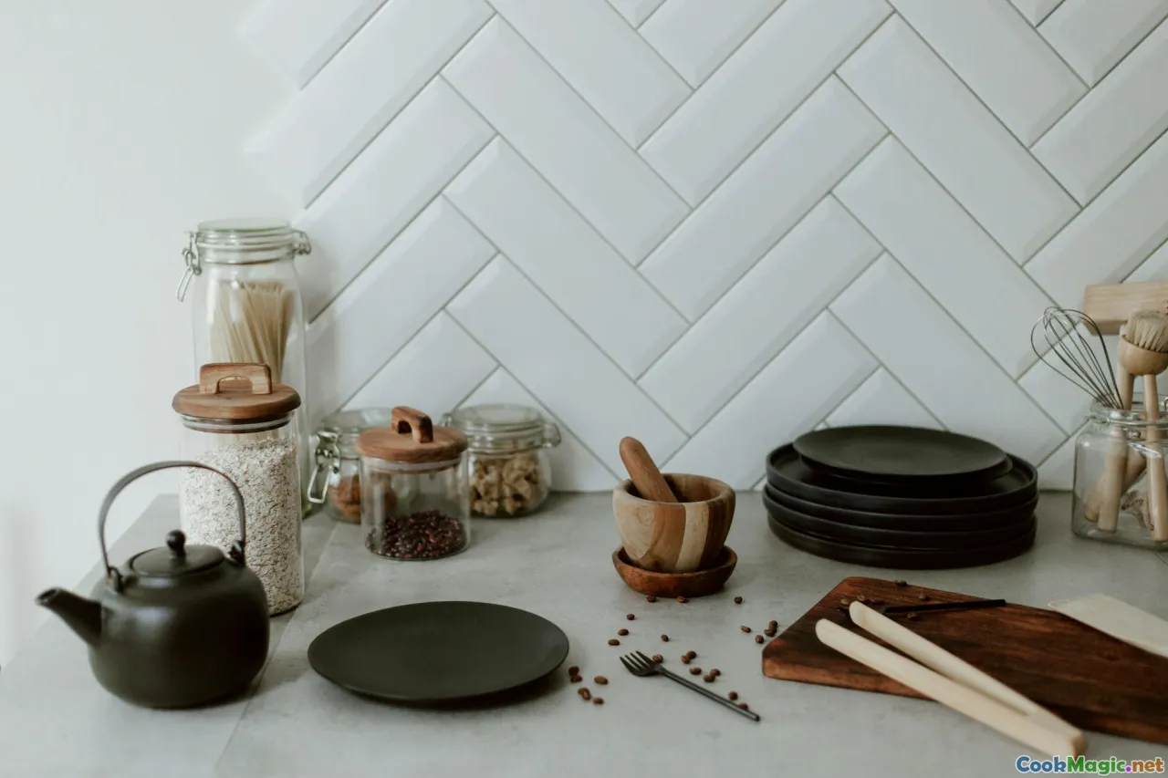modern kitchen, fermentation jars, foraging tools, Scandinavian spices