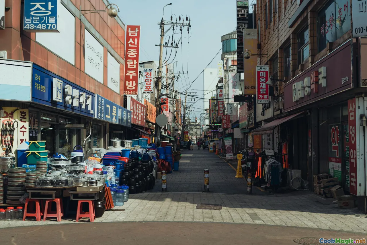 Montreal street food, poutine stall, cityscape, vintage signs, bustling street