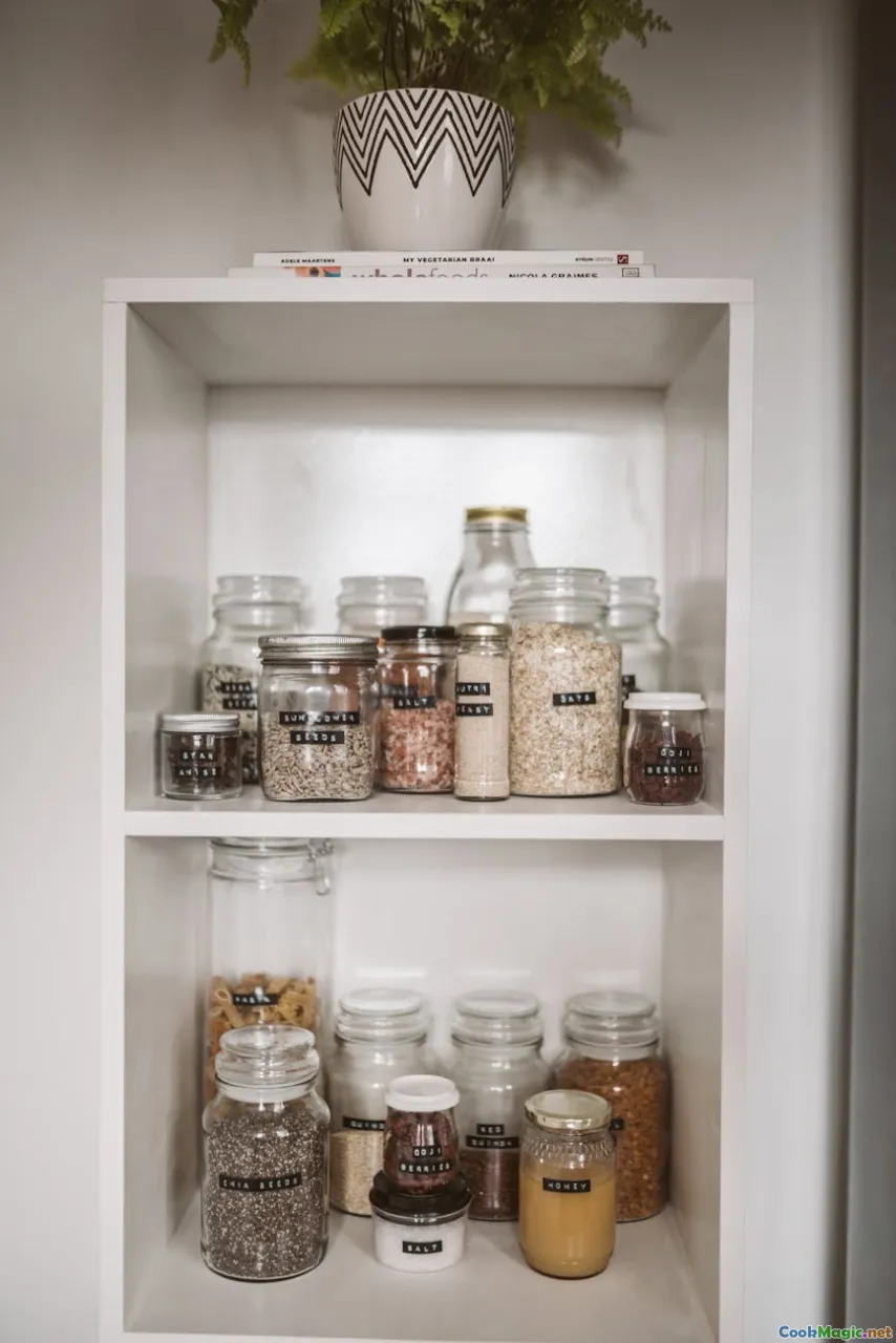 organized pantry, spice jars, labeling