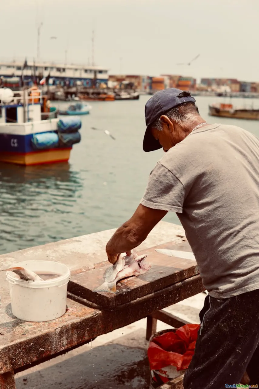 Peruvian coastline, ancient fishing boats, traditional ceviche preparation