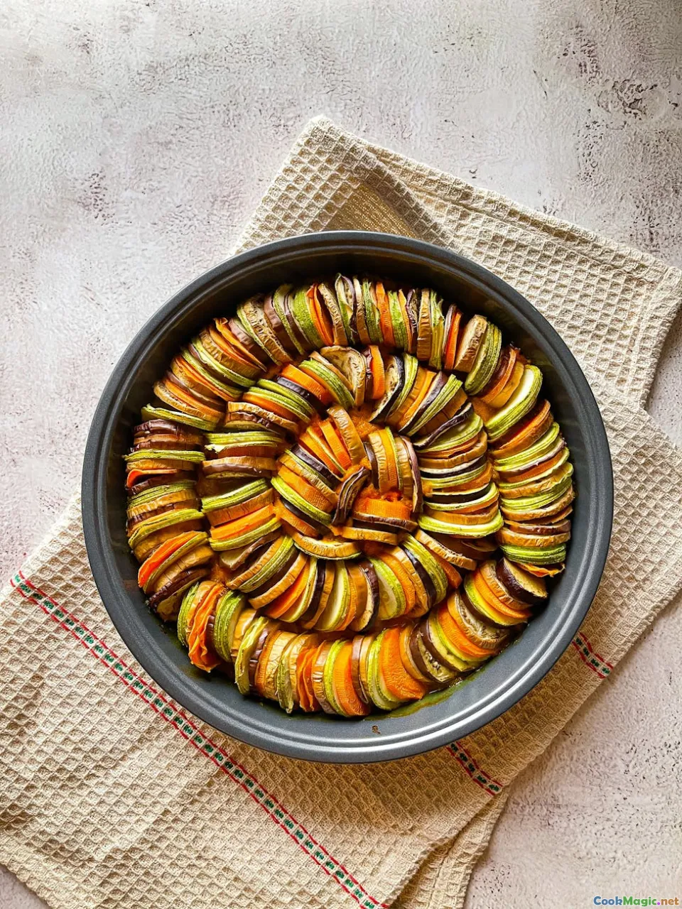 plant-based meat slices, vegetable terrines, layered dishes