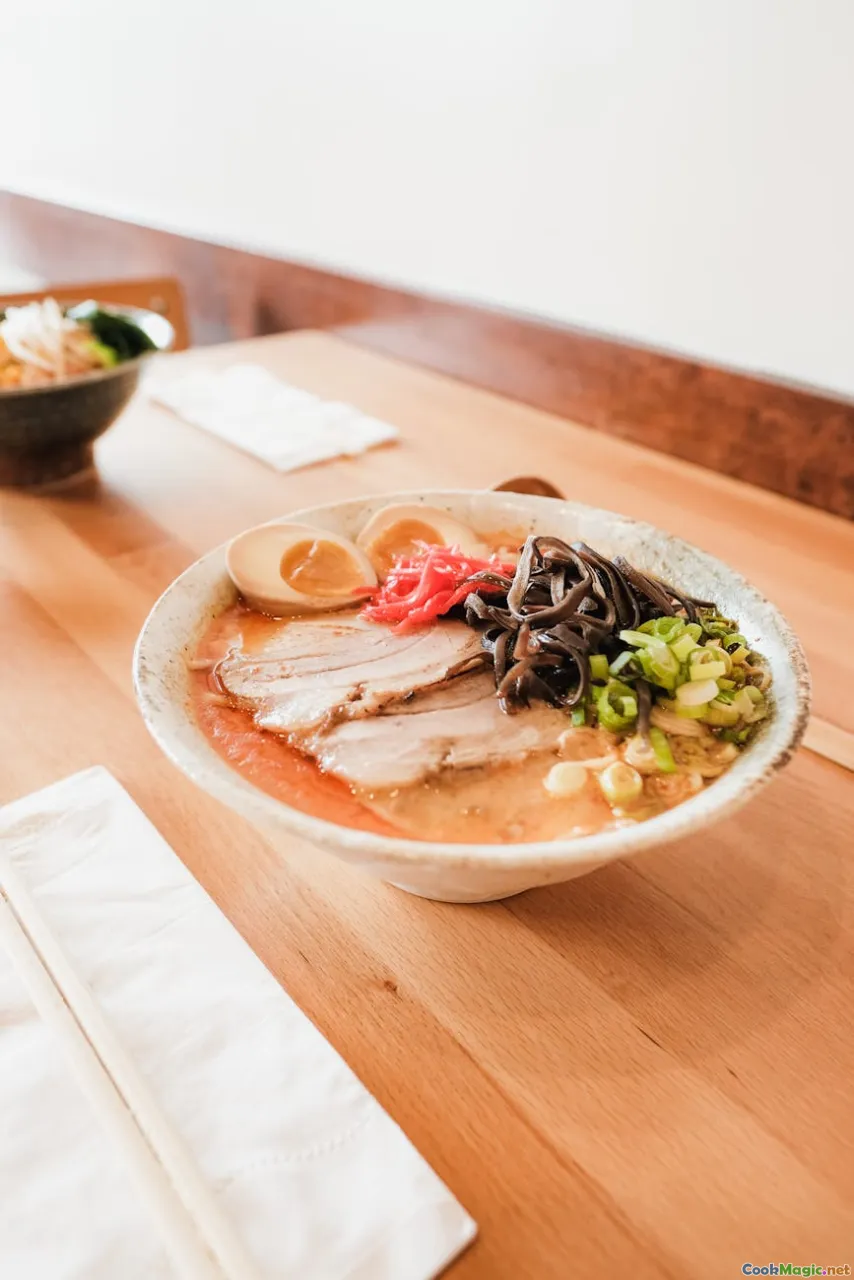 plated dishes, glaze, miso soup, ramen