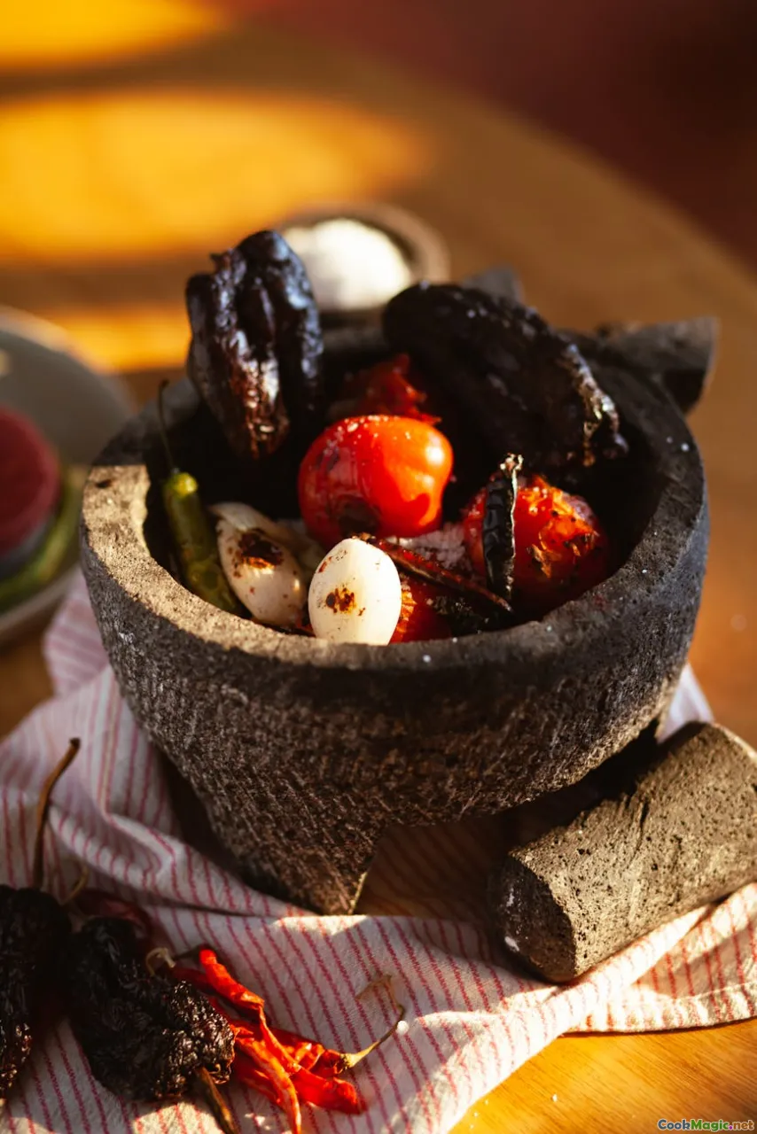 roasting tomatoes, mortar and pestle, traditional kitchen