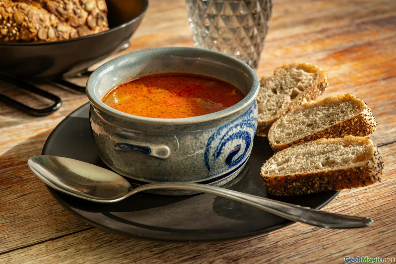 Russian soups, traditional dishes, pierogi with soup, vintage Russian table