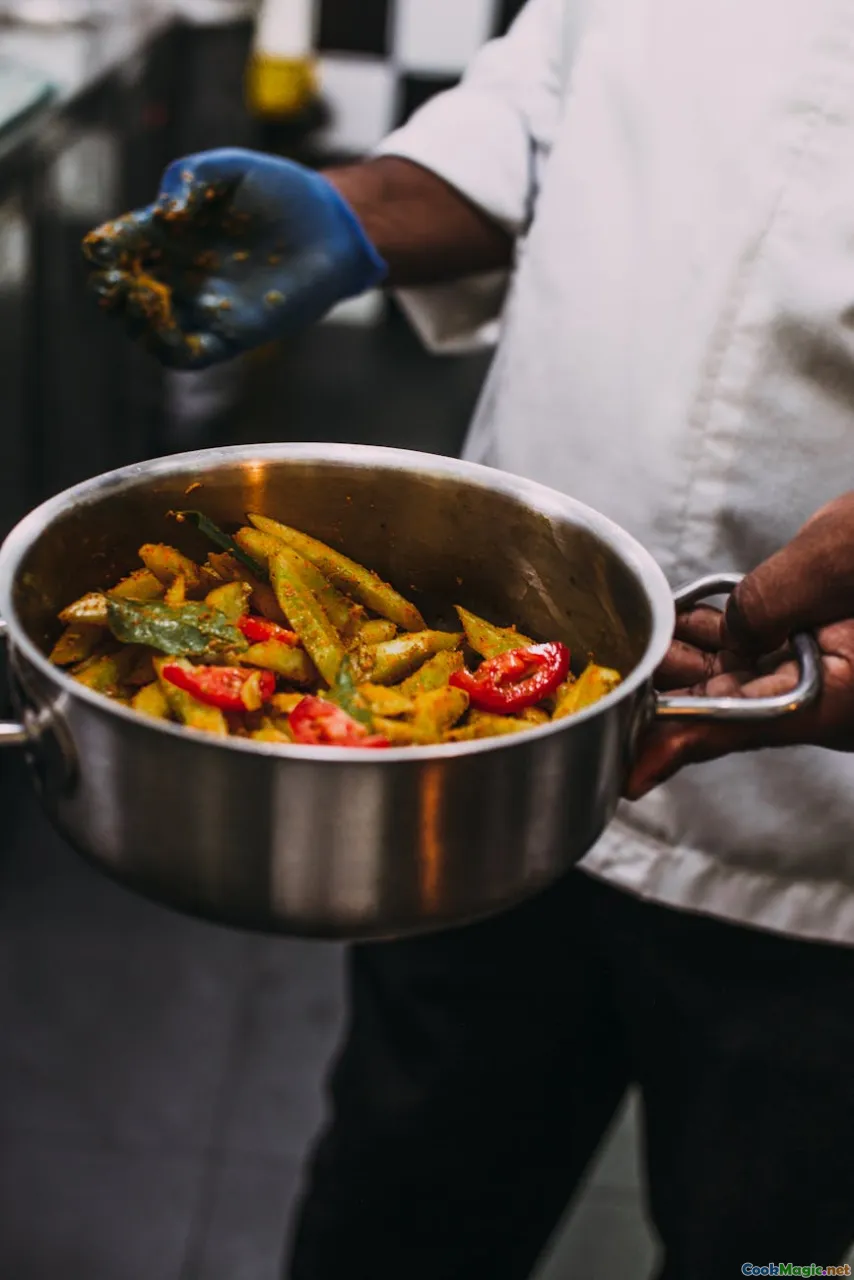 simmering pot, curry being stirred, fermentation, garnishing curry