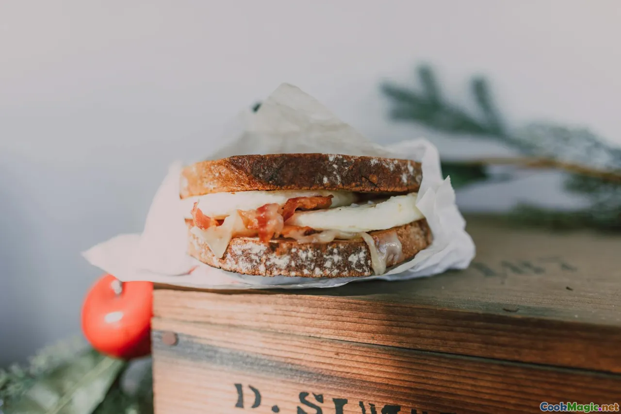 sliced bánh mì, pork filling, condiments, close-up of sandwich
