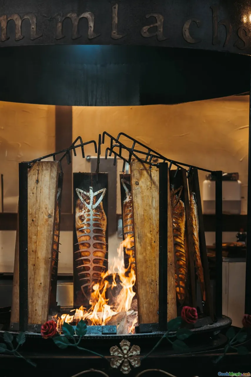 smoke grill, wahoo fish, beach fire, wooden grate