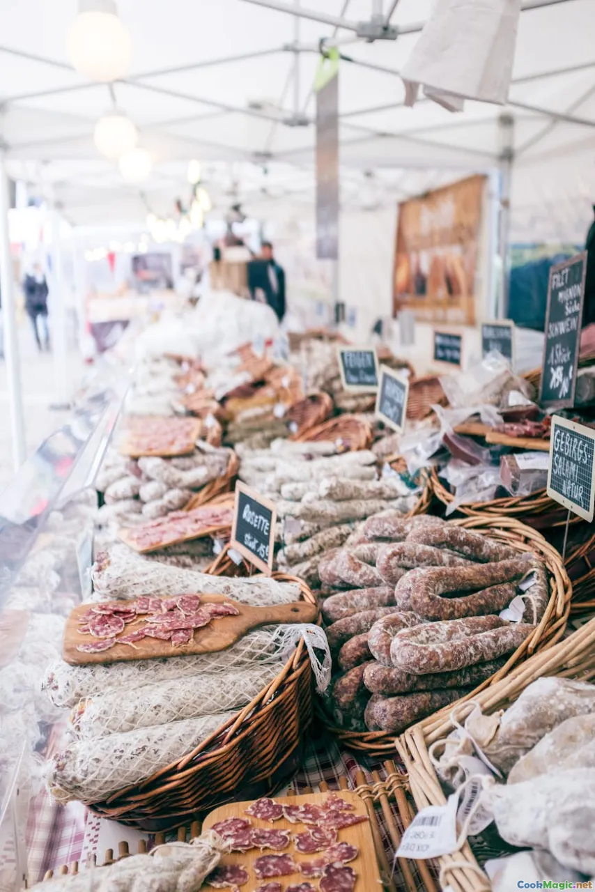 smoked meat, string bag bilum, market stall