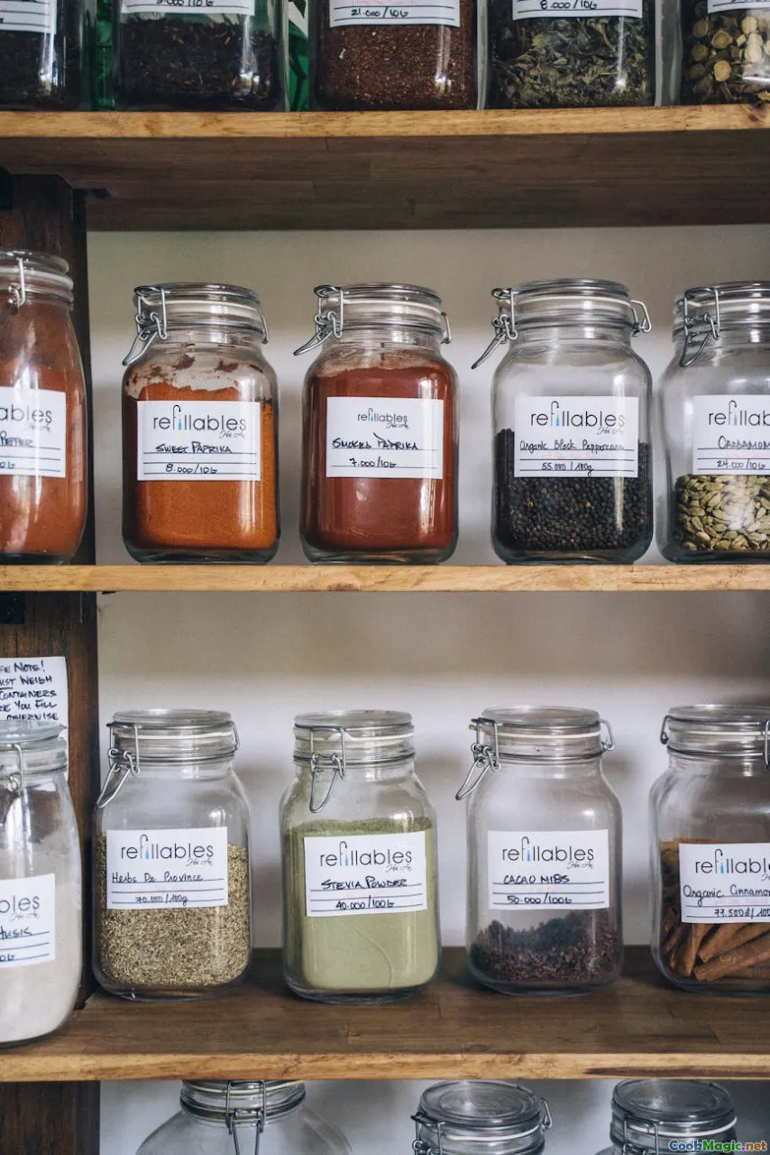 spice rack, labeled jars, kitchen organization