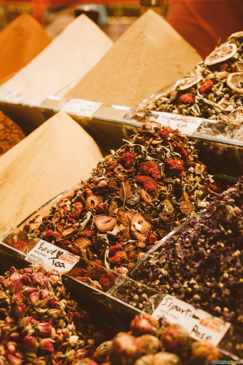 street market, regional herbs, colorful spices