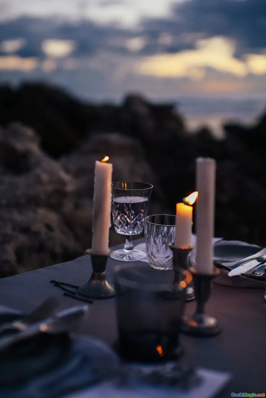 sunset, table, bay, candle
