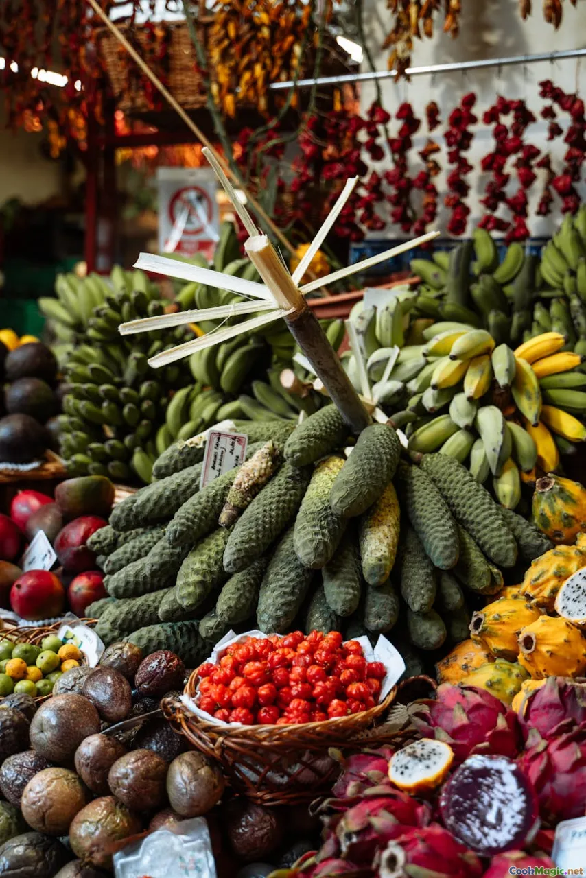 tropical fruits, root vegetables, island market