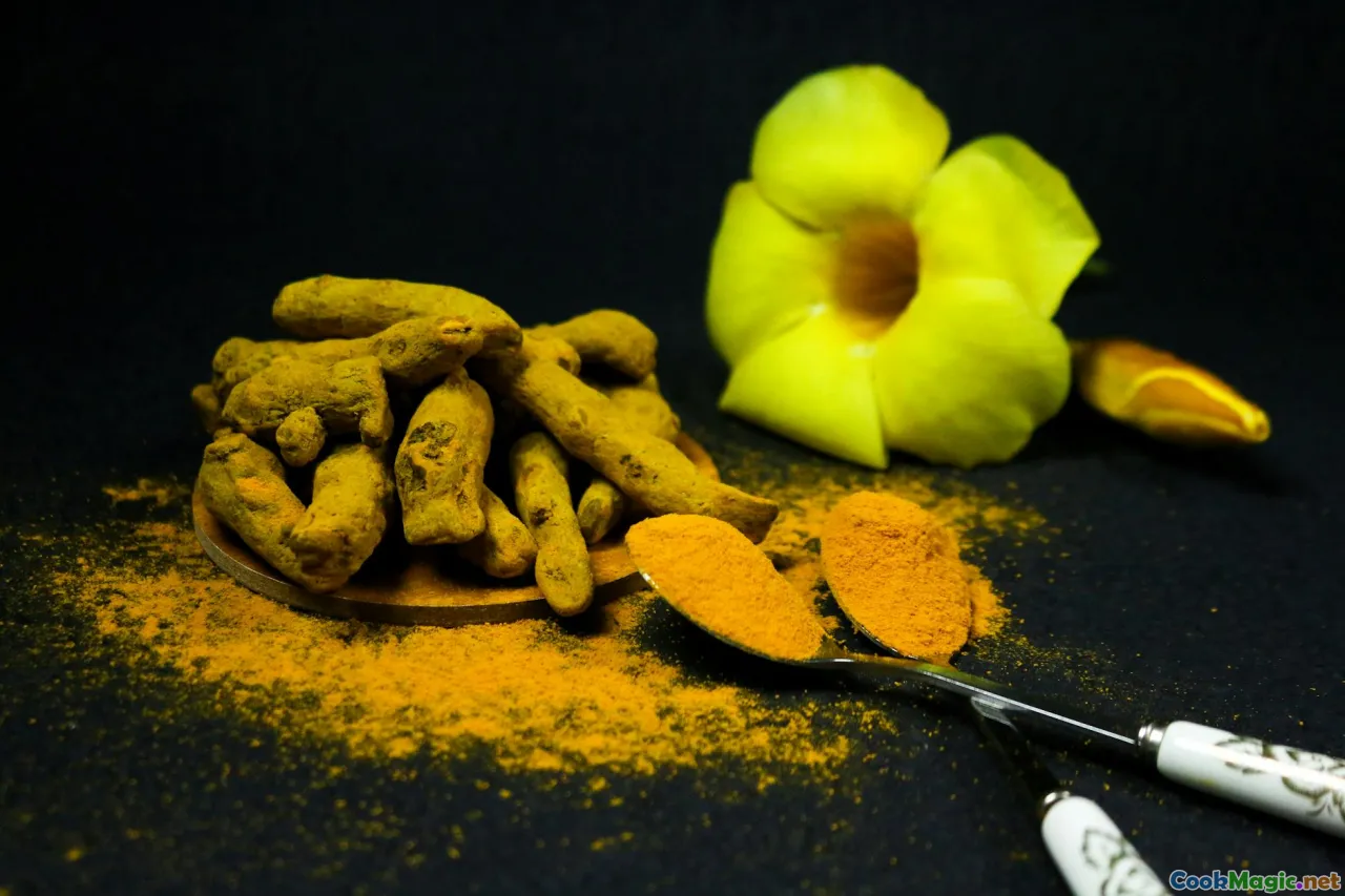 turmeric powder, turmeric roots, golden spice, turmeric fields, vibrant yellow