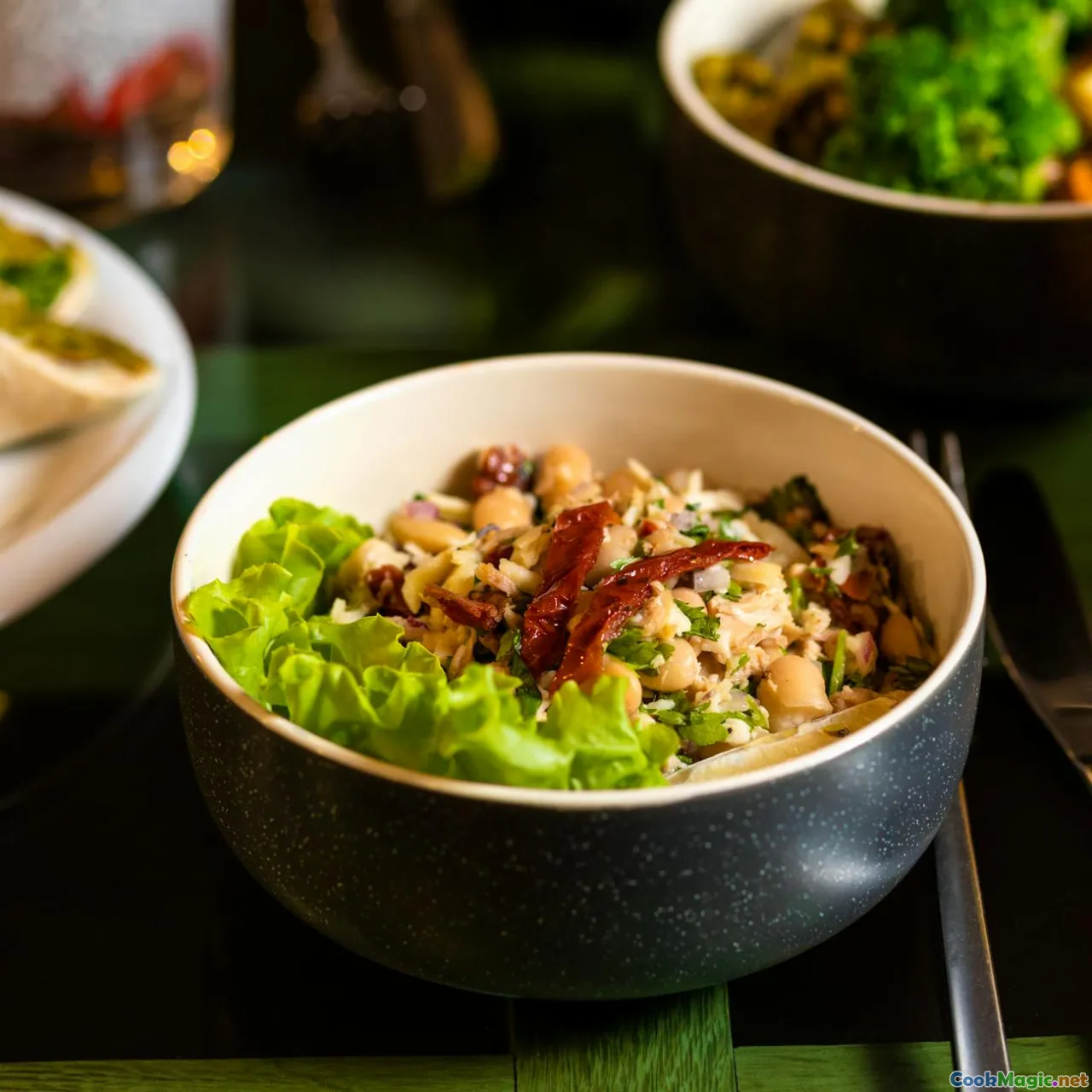 vegan salad, chickpea chicken, plant-based dressing, cashew cream