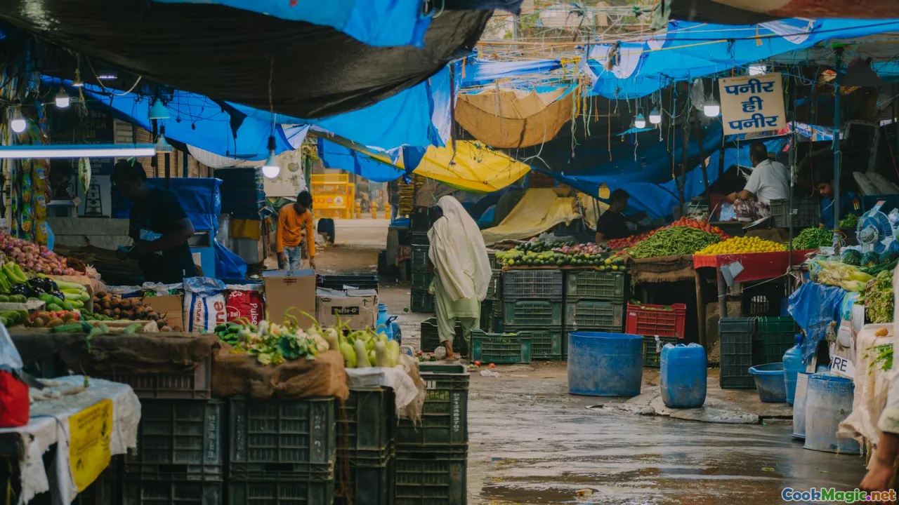 vibrant street scene, food stalls, cultural diversity