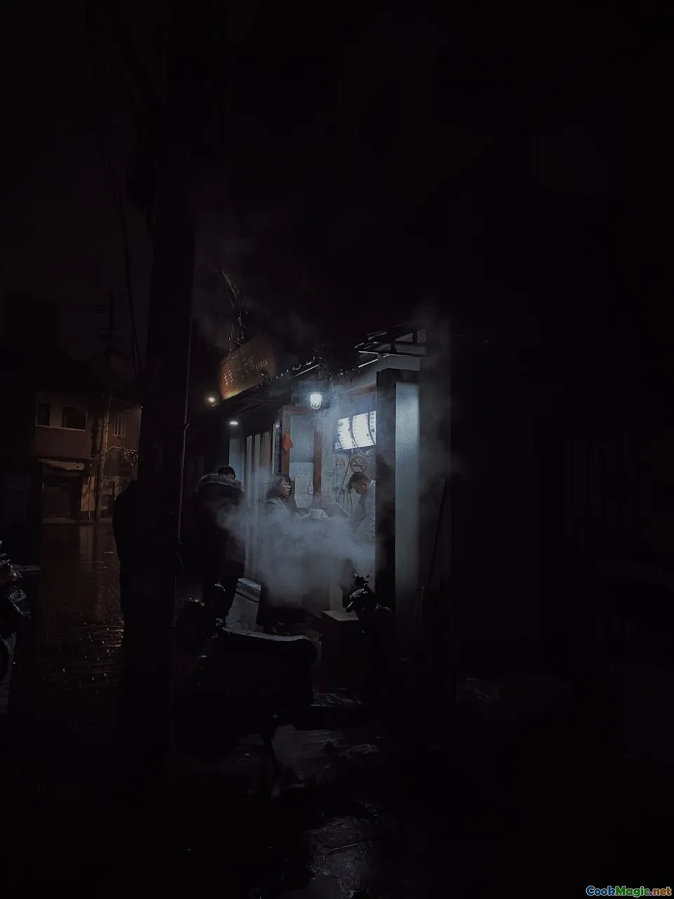 wok, night market, steam, neon