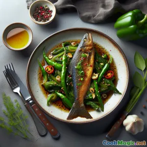 Geschmor ter Wels mit grüner Paprika und wildem Knoblauch