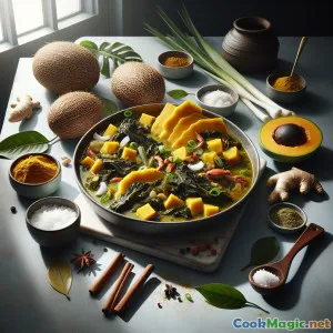 Estufado caribenho de callaloo e fruta-pão com coco