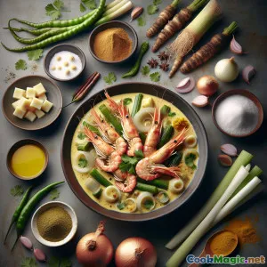 Кремовые бенгальские креветки с корнями таро