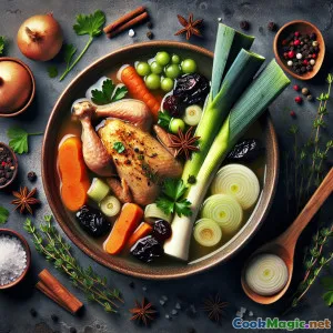 Saporita e tradizionale zuppa di pollo con porri