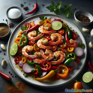 Camarão Escovitch Scotch Bonnet com pimentas em conserva