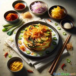 Chrupiący koreański kimchi-jeon z sosem do maczania ze szczypiorkiem