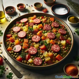 Pieczona zapiekanka z soczewicy i wędzonej kiełbasy