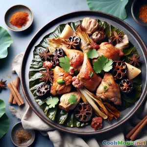 Frango aromático em pacotes de folha de lótus