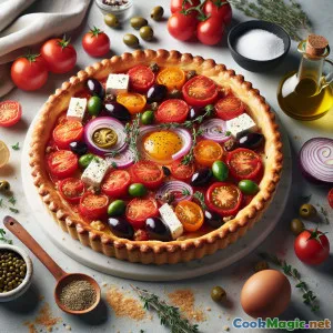 Tarte de massa folhada do Egeu com tomate e alcaparras
