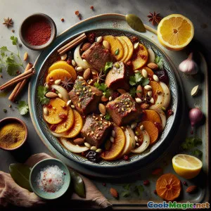 Marokkanischer Tajine mit Quitte und Kalbfleisch mit Safran