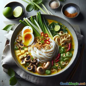 Sopa de macarrão com cúrcuma e espinafre-d'água