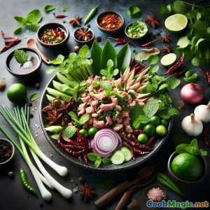 Larb de Porco das Tribos do Norte da Tailândia com Ervas Selvagens