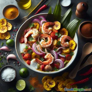 Encocado di gamberi con platano caramellato