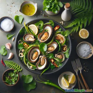 Pāua Arrosto Servito su Insalata di Foglie di Felce Selvaggia