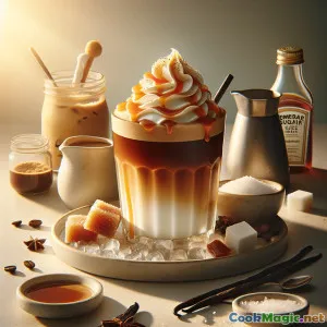 Macchiato karamel dengan gula berbentuk kerucut dan busa halus