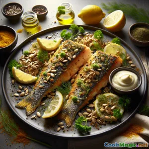 레몬-딜 크런치를 곁들인 해바라기씨 크러스트 농어