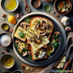 شرائح جبن مخبوزة بخبز العجين المخمر من الغابة مع فطر بالأعشاب